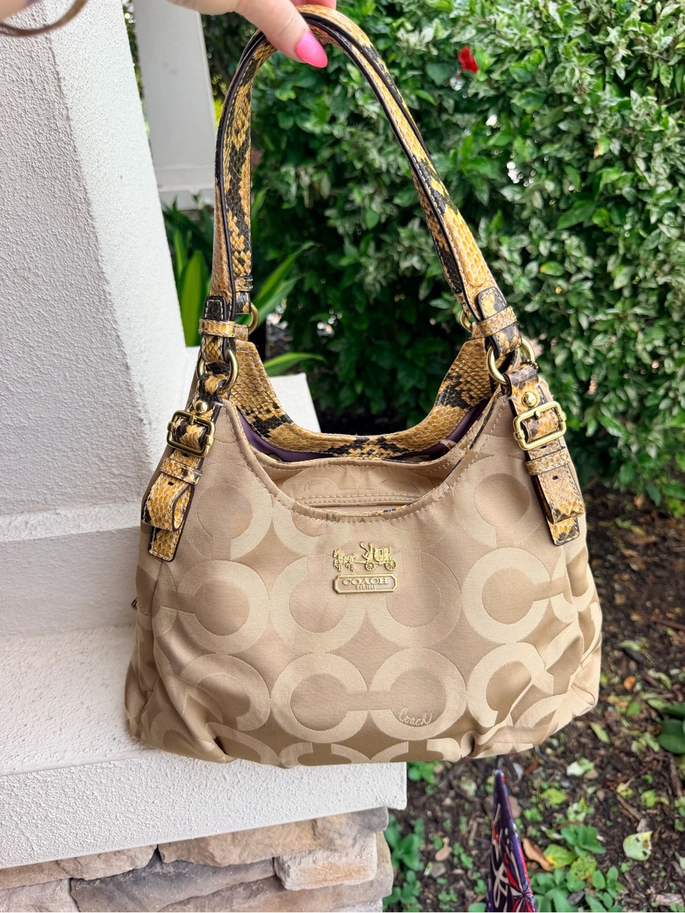 Coach 17889 Signature Hobo Bag Khaki Python Snake Trim Purple Y2K Shoulder
